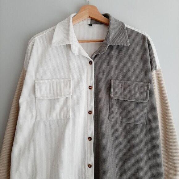Colorblock Rib Corduroy Shacket Button Down Shirt Neutral White Gray Cream Sz L - Picture 2 of 12